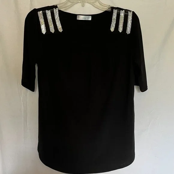 ‘89TH + Madison’ Black Short Sleeve “Glitter” Top Size S/P - Picture 1 of 7